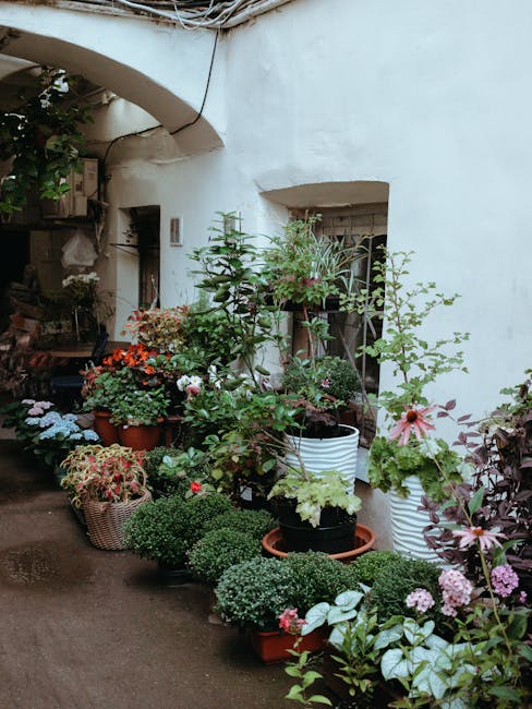 A small urban garden with neatly trimmed rectangular lawn areas bordered by plant beds containing a mix of shrubs, flowers, and small trees. The garden features a compact pathway made of gravel or pav